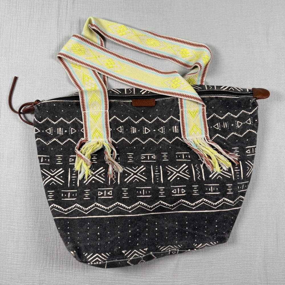 Billabong Womens Tote Bag Black Woven Canvas Tribal Boho Fringed Straps Surfer - Picture 2 of 10
